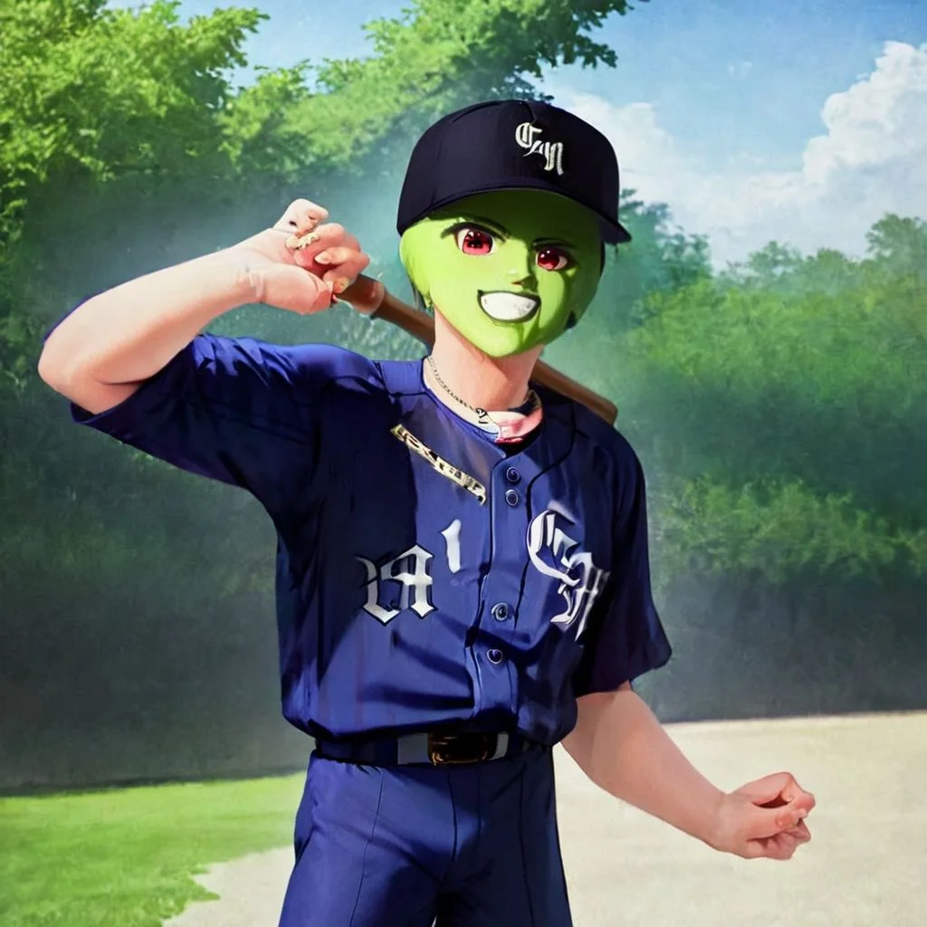 TheMask1024,smooth top of head,boy,solo,hands on hip, <lora:bulge:1.2>,holding bat in hand
,exercising in the park,so cute ,so sweet,realistic painting,clm, baseball uniform,