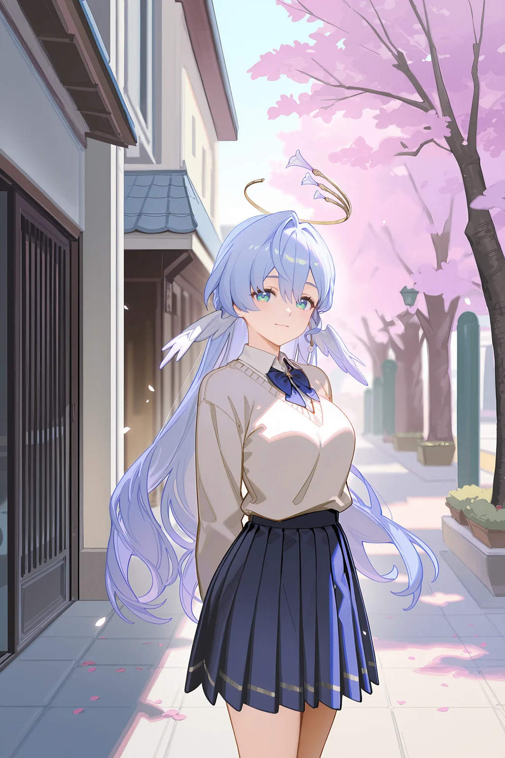 <lora:Char-HonkaiSR-Robin-V2-IL:0.9:hr=0.7>, kanzaki hiro, ciloranko, alphonse \(white datura\), (ask \(askzy\), gomzi, you shimizu: 0.7)
masterpiece, best quality, amazing quality, very aesthetic, absurdres, newest, (scenery, volumetric lighting), ray tracing, (bloom:1.4), cinematic 1girl, solo, robin \(honkai: star rail\), halo, head wings, solo, school uniform, white shirt, sweater, pleated skirt, light smile, looking at viewer, outdoors, street, cherry blossoms, petals, depth of field