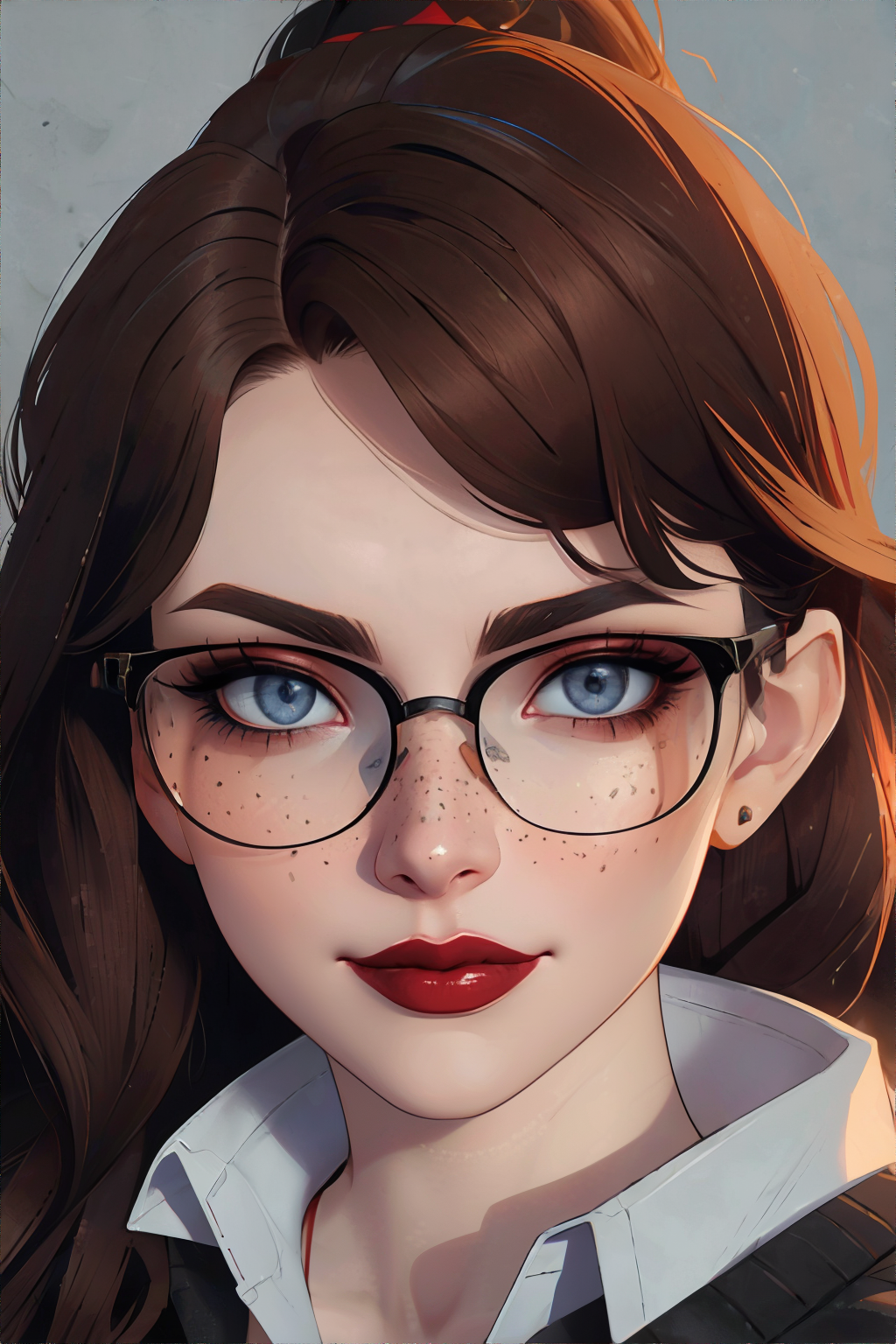<lora:90sgrungemakeup-freckledvixon:0.65>, 90sgrung3, red makeup, red lips, black sweater, <lora:bzl:0.8>, bzl_test, short wavy brown hair, (blue|grey) eyes, glasses, closed smile, (freckles:0.4) || person, hair, skin, clothing, makeup, masterpiece, 8k, high resolution, shallow depth of field, sharp focus