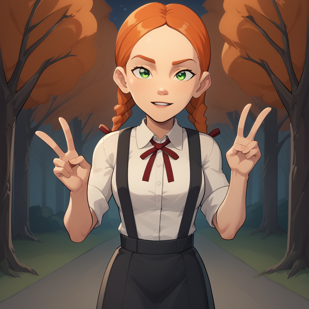 score_7_up, BREAK, Jenny_Bennett , 1girl, solo, orange hair , twin braids, green eyes, red ribbon, white collared shirt, black suspenders, black suspender skirt, cowboy shot, v<lora:Jenny_Bennett_PXL_Leaf6:1>, night, forest,