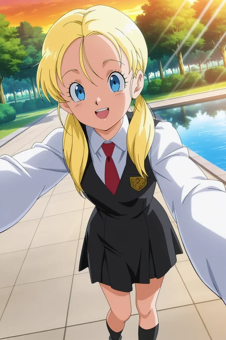 anime screencap, masterpiece, best quality, amazing quality, very aesthetic, absurdres, newest, (scenery, volumetric lighting),
official style,
marron, 1girl, solo, long hair, looking at viewer, smile, open mouth, blue eyes, blonde hair, twintails, school uniform, collared shirt, long sleeves, white shirt, black vest, vest over shirt, black skirt, socks, black legwear, selfie, red necktie, outdoors, pavement, pond, tree, sunset, dutch angle, eyelashes, day
dappled sunlight, light rays,
<lora:Marron_IL:0.8>