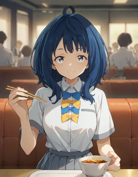 score_9, score_8_up, score_7_up, source_anime, BREAK
1girl, solo, looking at viewer, blurry background, chopsticks, holding chopsticks, table, restaurant, crowd,
anna yanami, blue hair, medium hair, ahoge, blue eyes, light smile,
school uniform, white collared shirt, short sleeves, blue bow, yellow bow, grey pleated skirt,
<lora:anna_yanami_anime-soralz:1>
