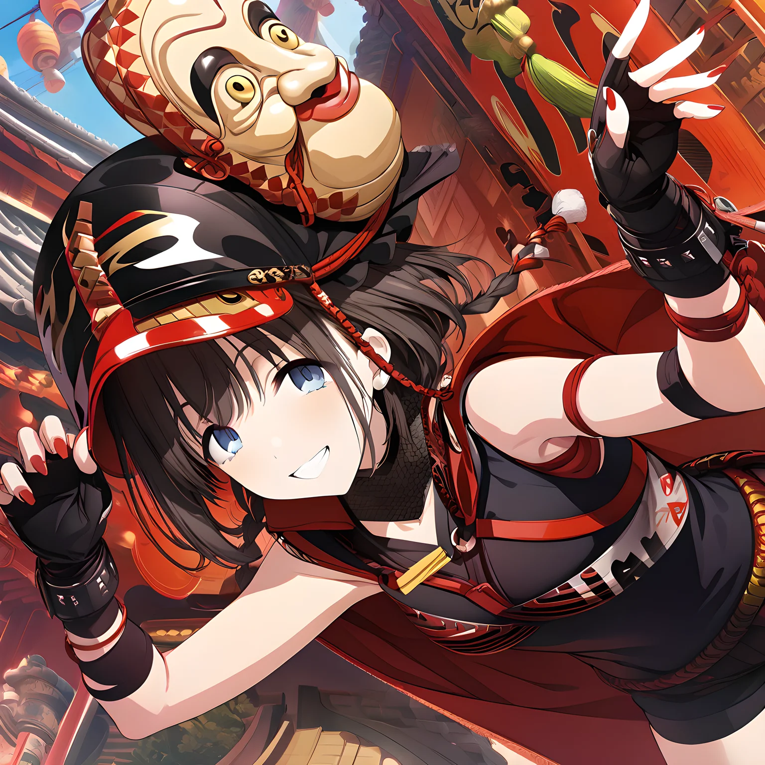 (masterpiece),(best quality),(ultra-detailed),(best illustration),(best shadow),(absurdres),(detailed background),(very aesthetic),asahi serizawa, cyberninja, 1girl, gloves, solo, fingerless gloves, blue eyes, braid, smile, red nails, mask, looking at viewer<lora:asahiserizawa:1>