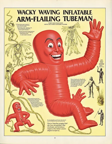 best quality, masterpiece (quality),  
inflatable, red inflatable toy, medical diagram,  inset text, ancient symbols, body horror,  horror \(theme\), 
page title text is "WACKY WAVING INFLATABLE ARM-FLAILING TUBEMAN"
 <lora:AfterMan-flux-v1:1> <lora:inflatable_tube_man-flux-v1:1>