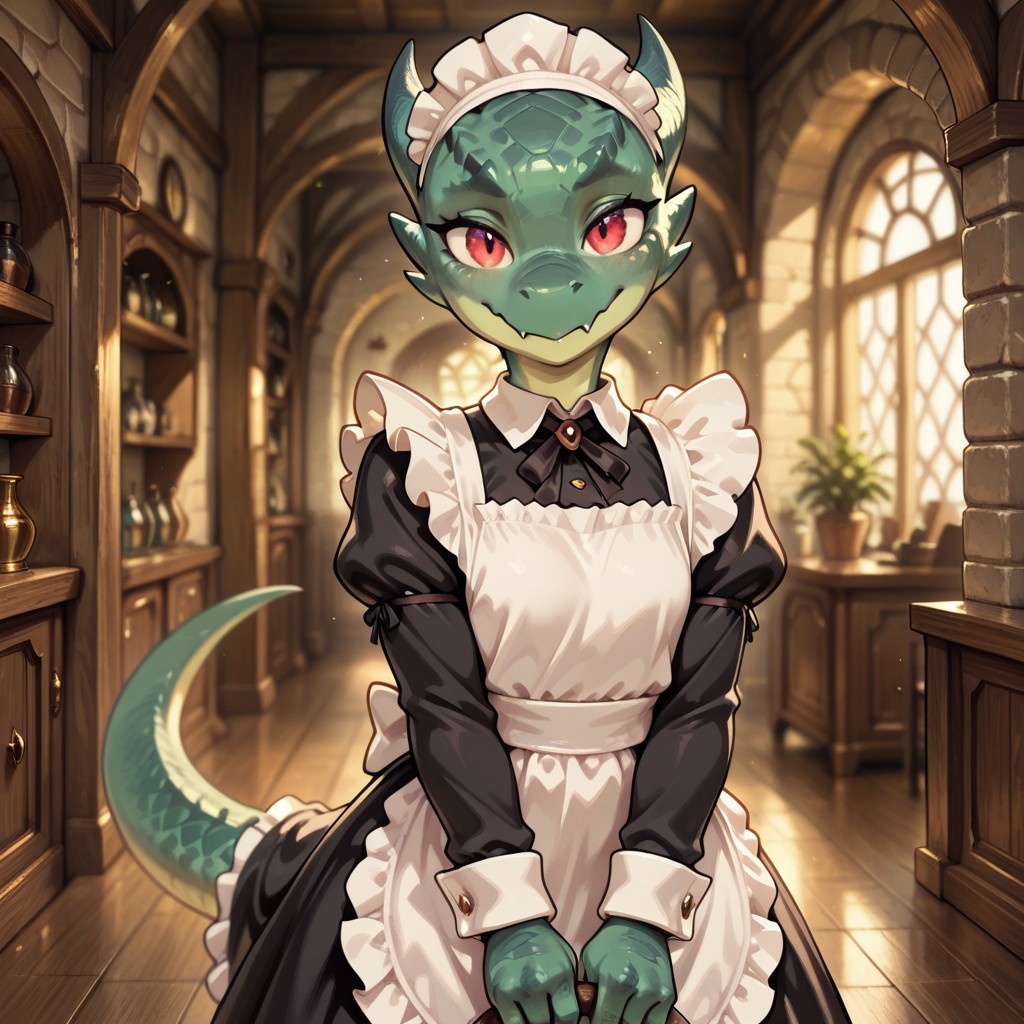 masterpiece, best quality, amazing quality, very aesthetic, solo, 
kobold, furry dragon, tail, short stature,
1girl, female focus, green skin, red eyes, maid costume, 
looking at the viewer,
fantasy background, blurred background,