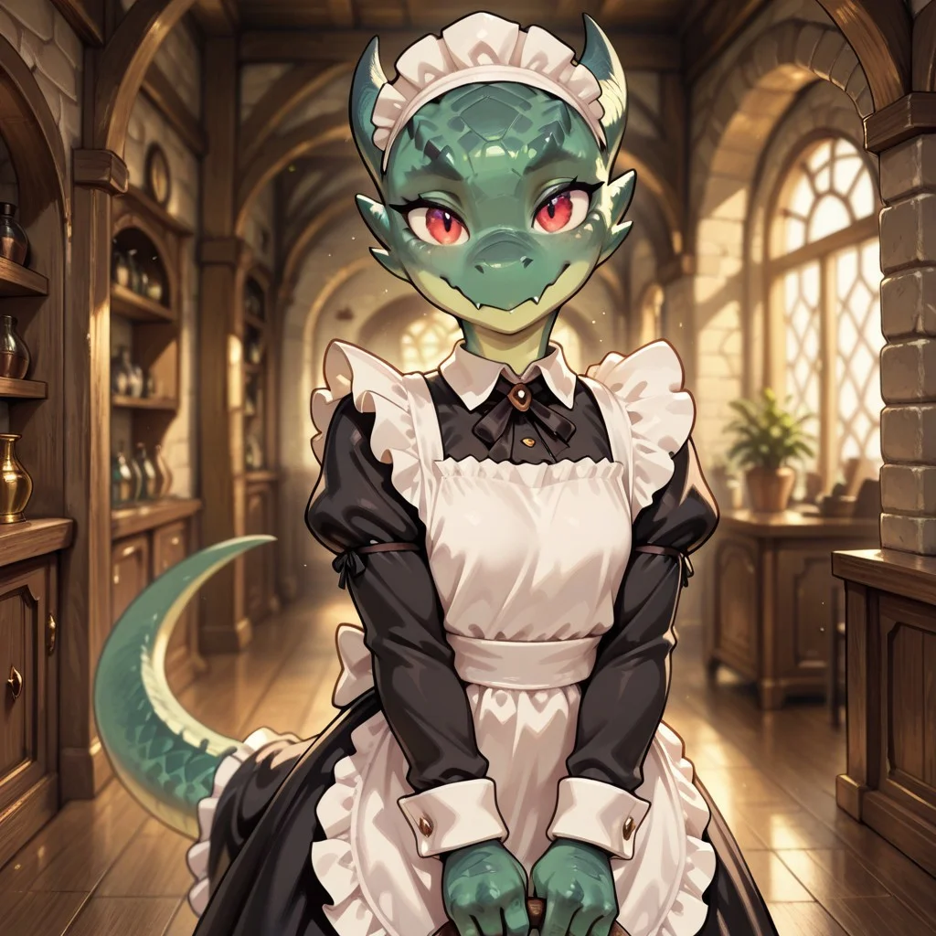 masterpiece, best quality, amazing quality, very aesthetic, solo,
kobold, furry dragon, tail, short stature,
1girl, female focus, green skin, red eyes, maid costume,
looking at the viewer,
fantasy background, blurred background,