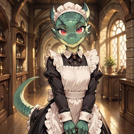 masterpiece, best quality, amazing quality, very aesthetic, solo,
kobold, furry dragon, tail, short stature,
1girl, female focus, green skin, red eyes, maid costume,
looking at the viewer,
fantasy background, blurred background,