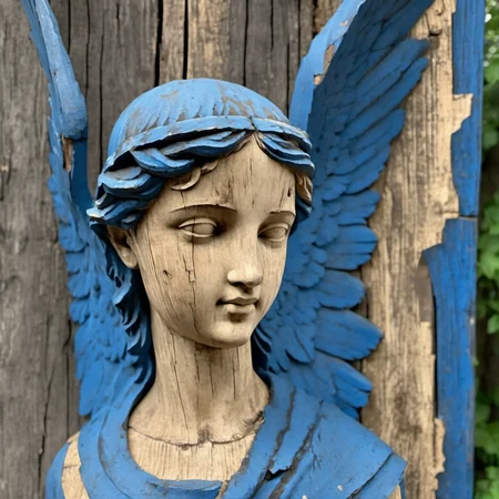 cinematic photo photo (sculpture beautiful angel bust:1.2) (wearing roman toga cloth garment:1.2), on pedestal, woodplank texture, painted blue with weathered cracking flaking peeling paint, showing wood, background unpainted wood <lora:Woodplank-SDXL:1> . 35mm photograph, film, bokeh, professional, 4k, highly detailed