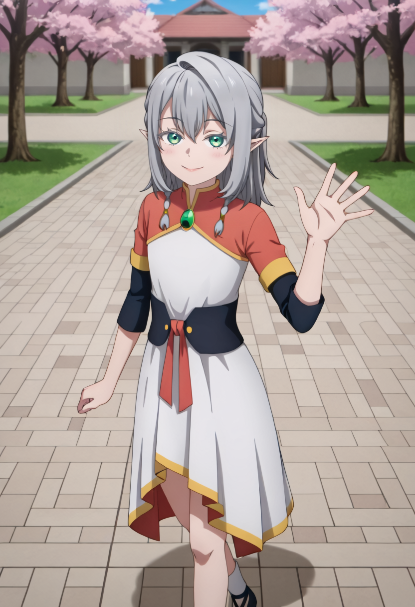<lora:Young Tessia_IL:1>Young Tessia, 1girl, gray hair, pointed ears, elf, green eyes, white asymmetrical dress with yellow trim, red sash waist tie, black long-sleeve undershirt, green gem pendant necklace, white thigh-high socks, black crisscross strap shoes
 Community garden with cherry blossom trees,seductive smile , waving to the viewer