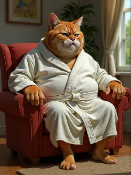 full-body caricature of a fat cat wearing a bathrobe sitting on a sofa in his livingroom. He's bored with half-closed eyes <lora:3d_caricature_Strong:0.9>