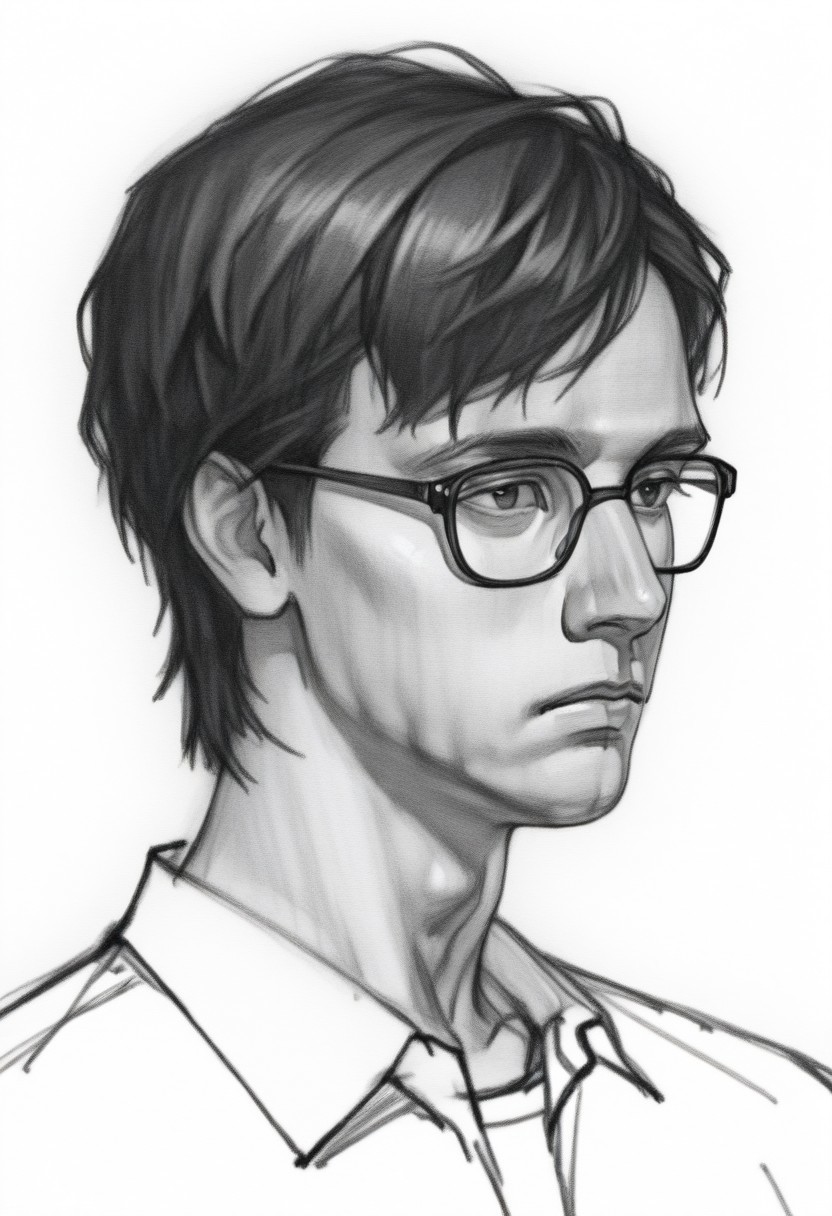 , solo, Monochrom 
 greyscale,,  sketch, , white background, 
pencil sketch style, Pencil drawing
 graphite \(medium\
1boy, black-framed eyewear, black eyes, black hair, closed mouth, expressionless, glasses, looking at viewer, male focus, , short hair, solo, sketch