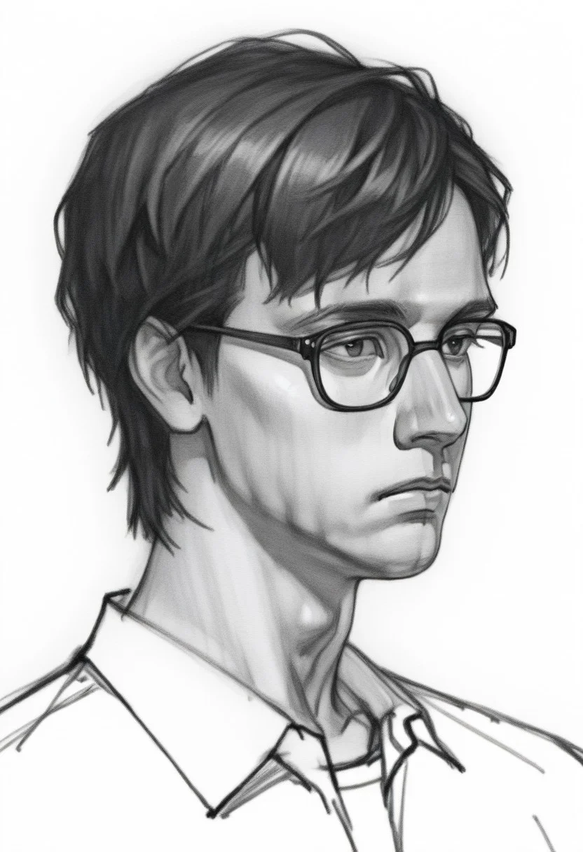 , solo, Monochrom
greyscale,, sketch, , white background,
pencil sketch style, Pencil drawing
graphite \(medium\
1boy, black-framed eyewear, black eyes, black hair, closed mouth, expressionless, glasses, looking at viewer, male focus, , short hair, solo, sketch
