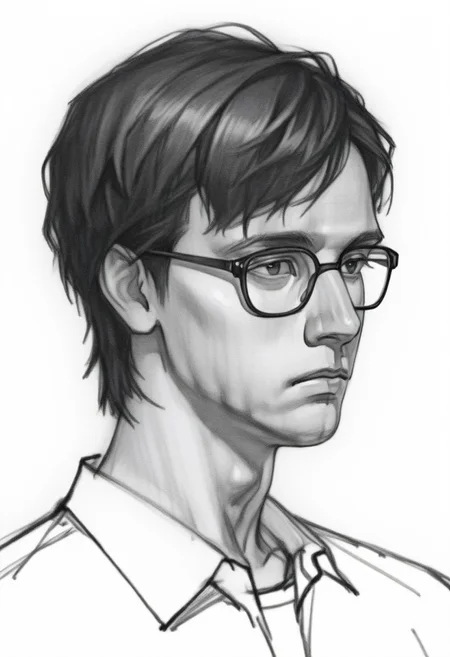 , solo, Monochrom 
 greyscale,,  sketch, , white background, 
pencil sketch style, Pencil drawing
 graphite \(medium\
1boy, black-framed eyewear, black eyes, black hair, closed mouth, expressionless, glasses, looking at viewer, male focus, , short hair, solo, sketch