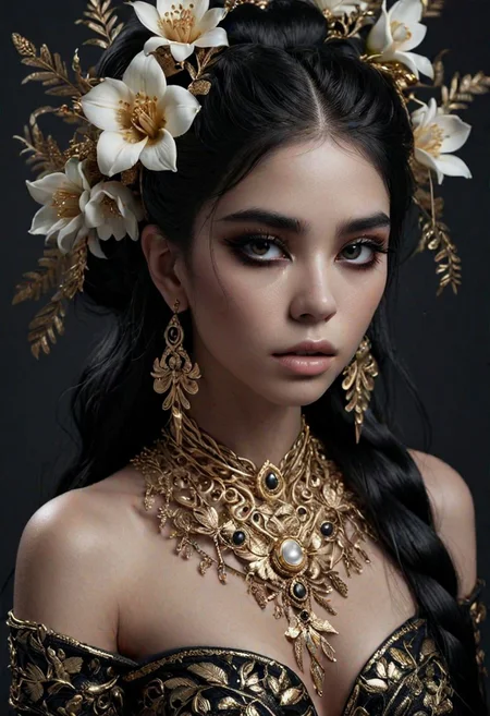 goddess of beauty and love, brazilian, sharp accent, long shiny black hair, flowers, complicated hairstyle, black eyes, intricate details, gold chain and jewelry, high contrast, by WLOP
