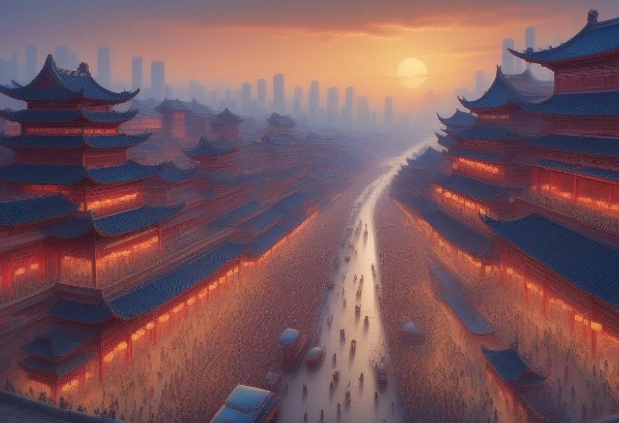 symphtia-style, score_9, score_8_up, score_7_up, masterpiece, best quality, absurdres, vibrant, highly detailed, a landscape picture of a bustling chinese city, evening lights, sunset in the horizon
