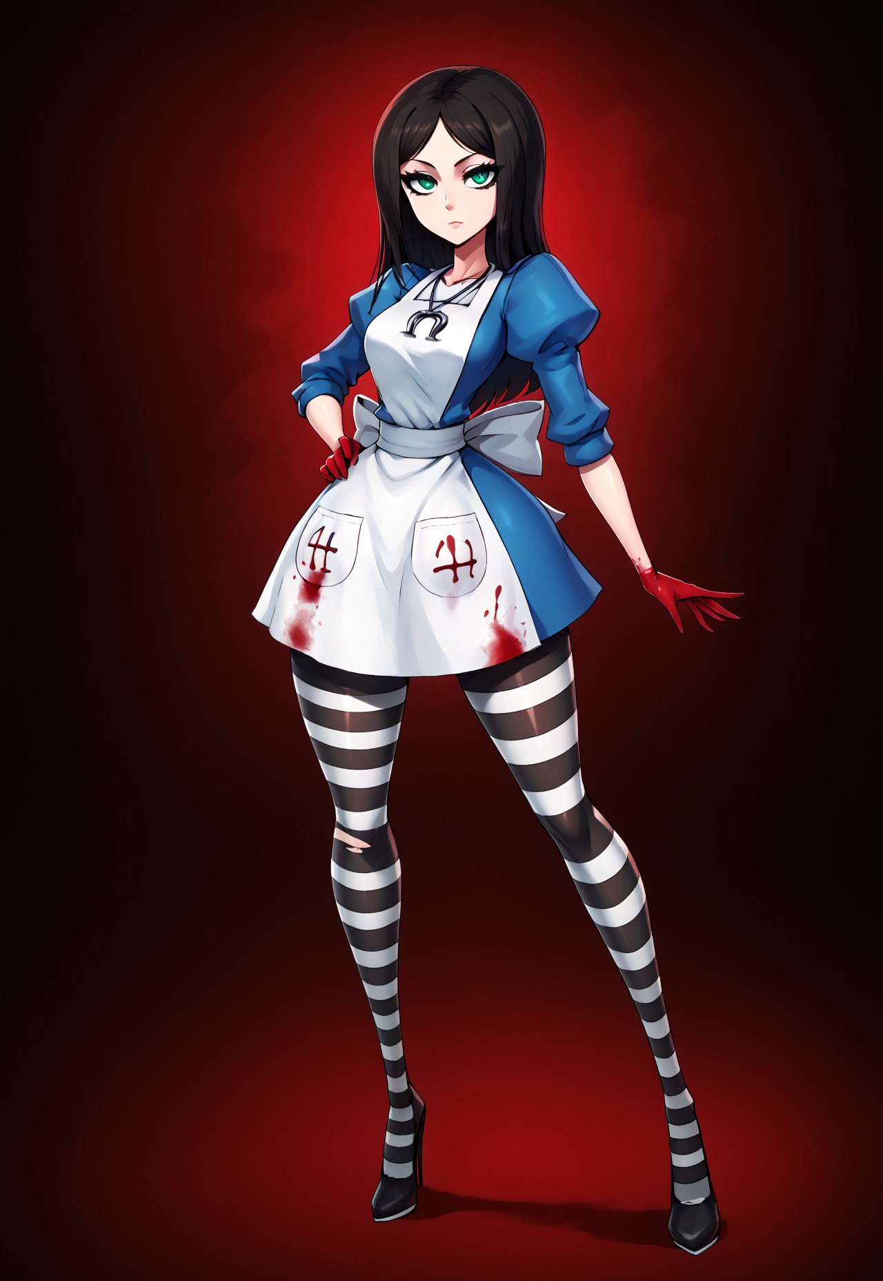 safe_pos, beautifyl eyes, e((extra thicc))), one woman, sexy,(big normal hands,) (, extra thick thighs, , ,female, 1girl tall female,  expressionless , sexy pose, alone,,mcgeealicewhite apron,, necklace, dark alice, Alice: Madness Returns, blood, green eyes, high heels, high waist ttorn striped pantyhose (((long legs)))tall,