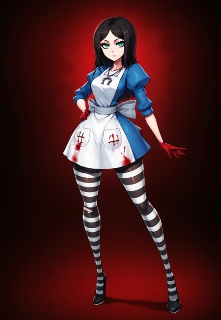safe_pos, beautifyl eyes, e((extra thicc))), one woman, sexy,(big normal hands,) (, extra thick thighs, , ,female, 1girl tall female,  expressionless , sexy pose, alone,,mcgeealicewhite apron,, necklace, dark alice, Alice: Madness Returns, blood, green eyes, high heels, high waist ttorn striped pantyhose (((long legs)))tall,