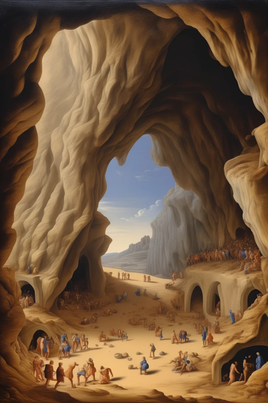 <lora:Nicolas Poussin Style:1>Nicolas Poussin Style - a renaissance painting of the inside of a limestone cave with sand for the ground that made some sand dunes