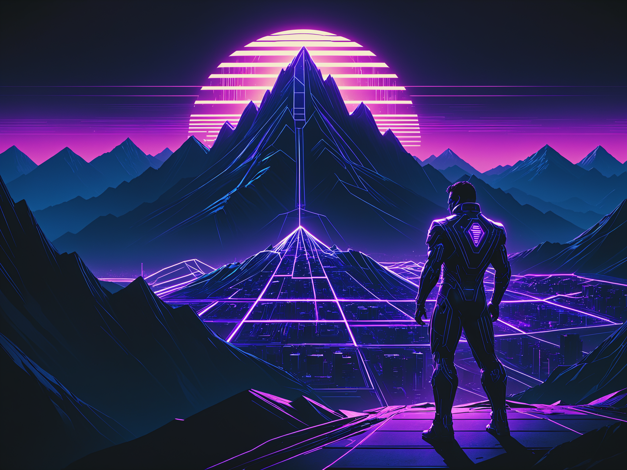 mad-cyberspace, mountain, purple glowing outlines, dynamic pose, grid, cyberpunk, 1980s, retro, scifi, cityscape<lora:Neon_Cyberpunk_Cyberspace_SDXL_v2:0.8>, raw photo, film grain, (photorealistic, realistic:1.2), deep shadow,  8k, uhd, dslr, ultra high res