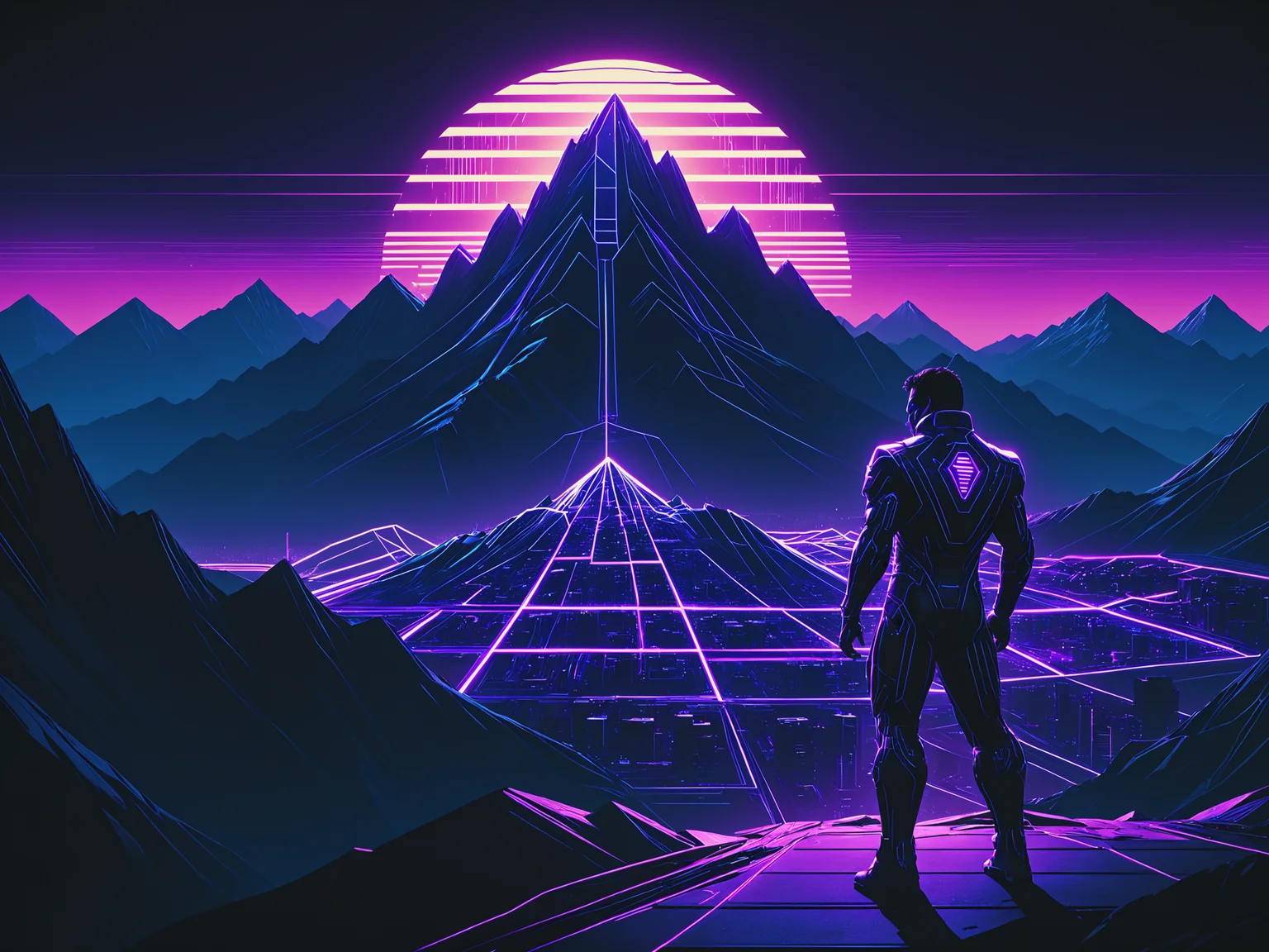 mad-cyberspace, mountain, purple glowing outlines, dynamic pose, grid, cyberpunk, 1980s, retro, scifi, cityscape<lora:Neon_Cyberpunk_Cyberspace_SDXL_v2:0.8>, raw photo, film grain, (photorealistic, realistic:1.2), deep shadow, 8k, uhd, dslr, ultra high res