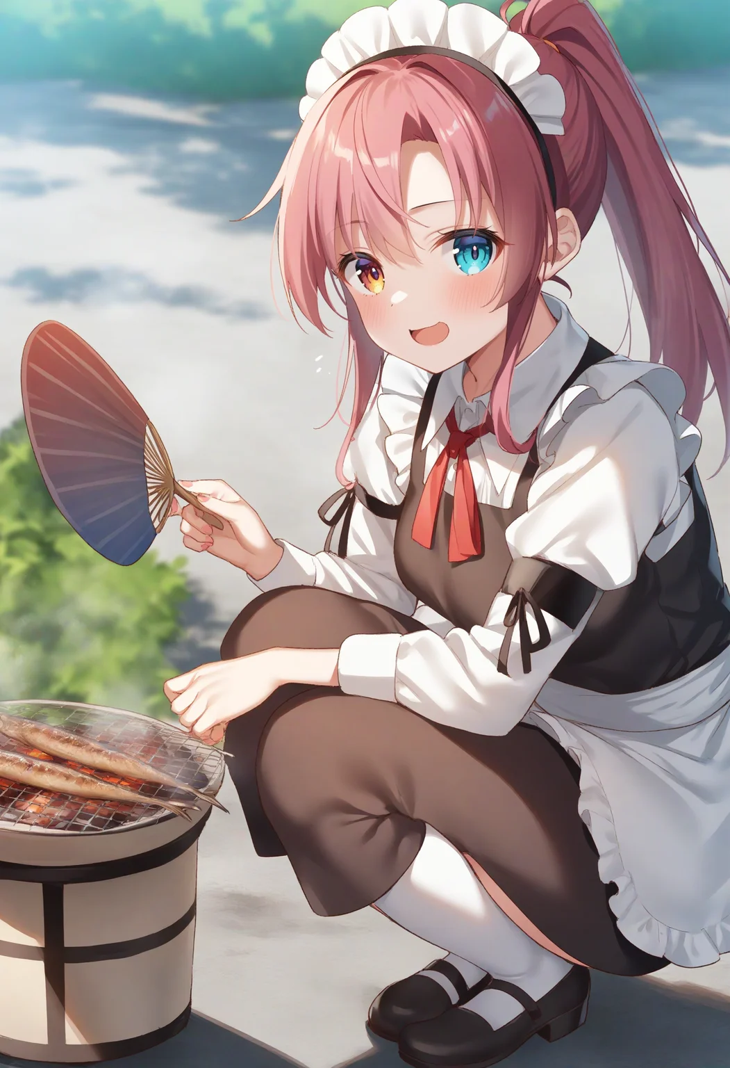 1girl,sincos, ningen mame, toosaka asagi,solo,medium breasts,20yo,maid,maid headdress,
saury, shichirin, grill, grilling, squatting, hand fan, paper fan, holding,outdoors, <lora:saury_XL_v1:0.8>
from side, full body, looking back, pink hair, heterochromia,determined, open mouth, high ponytail hair,,
best quality, very aesthetic, absurdres