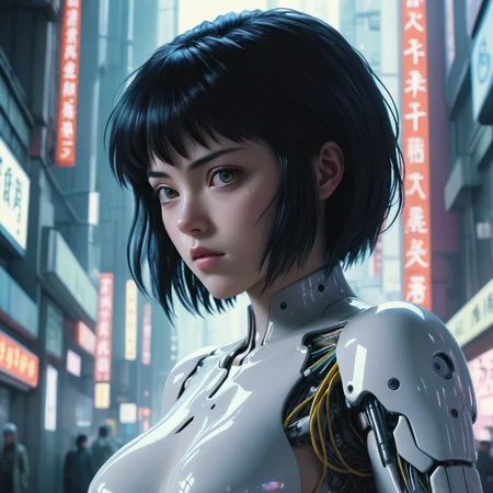 Create an 8K UHD ultra-highly detailed beautiful screenshot that captures the essence of a 1990s anime, specifically emulating the iconic 'Ghost in the Shell' 1995 film and the retro art style of Mamoru Oshii. This image should feature a beautiful cyborg girl, integrating the classic aesthetic with modern detailing.
The scene should be rich in the retro-futuristic ambiance characteristic of 'Ghost in the Shell', with intricate backgrounds featuring wires and futuristic technology. The cyborg girl should be central in the frame, her design a homage to the era's art style yet rendered with todayâs ultra-high definition clarity. Pay special attention to the textures and details of her cyborg nature, such as metallic elements, wiring, and any interface ports, blending seamlessly with her human features.
The color palette should reflect the 1990s anime style, with a balance of muted tones and vibrant highlights typical of Mamoru Oshii's work. Lighting plays a crucial role in setting the mood â it should be atmospheric, perhaps with a neon glow, casting dynamic shadows that accentuate the futuristic setting and the girl's intricate design.
This screenshot should not only be a tribute to the classic anime but also a modern reinterpretation, inviting viewers to appreciate the timeless beauty and complexity of this retro-futuristic world.