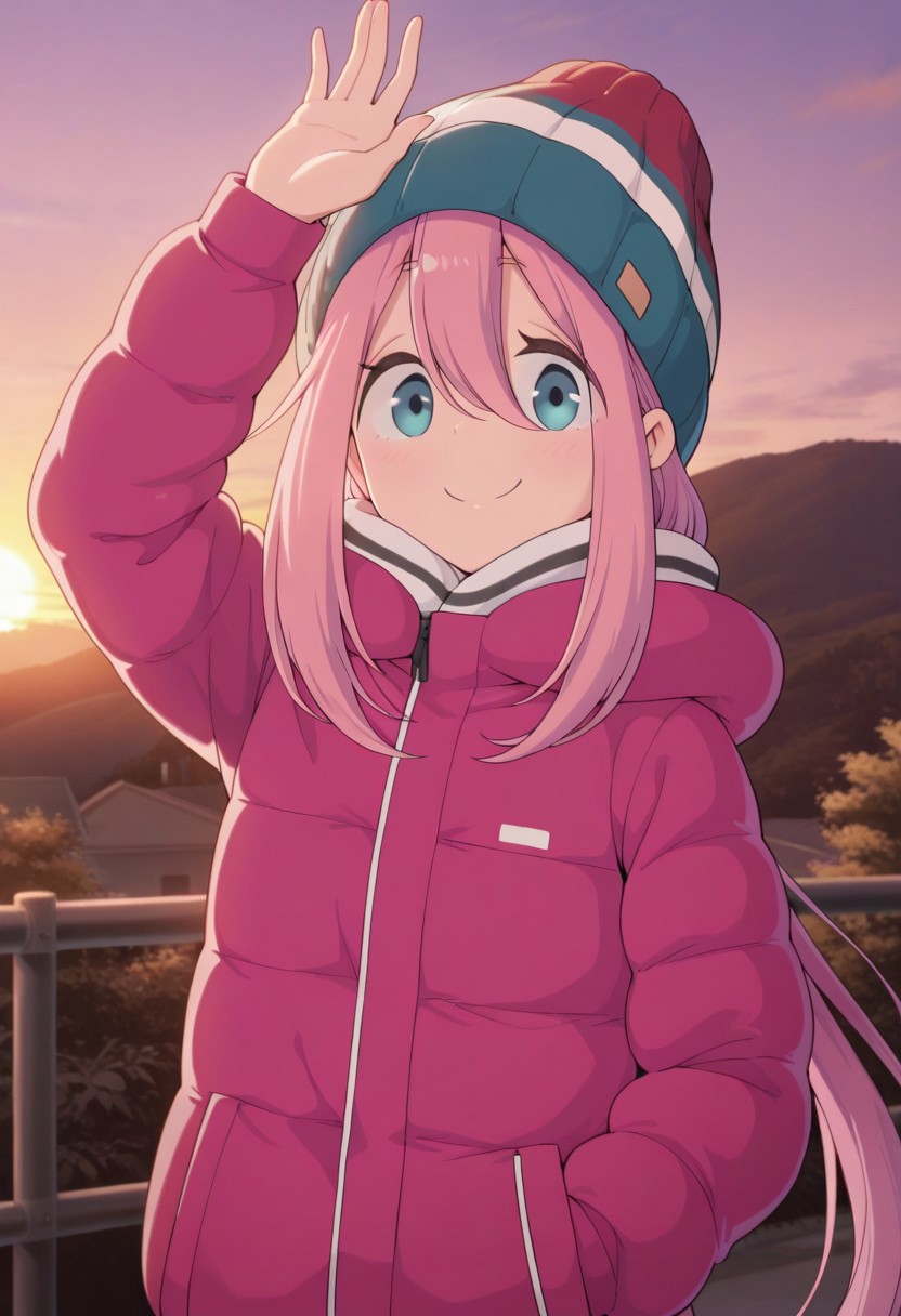 masterpiece,best quality,amazing quality, kagamihara nadeshiko, pink hair, long hair, blue eyes, 1girl, solo, smile, hat, beanie, outdoors, hair between eyes, closed mouth, arm up, looking at viewer, jacket, sunset, striped headwear