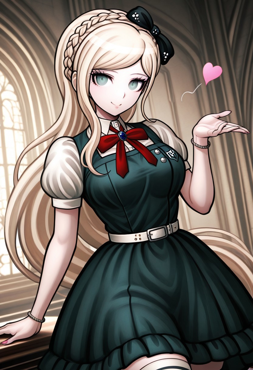 Sonia Nevermind SDR2, Sonia Nevermind, big breasts, masterpiece, best quality, solo, long hair, crown braid, hair bow, black bow, pinafore dress, red bowtie, puffy short sleeves, white belt, bracelet, thighhighs, blue eyes, smile, castle background, cute, blowing kiss
