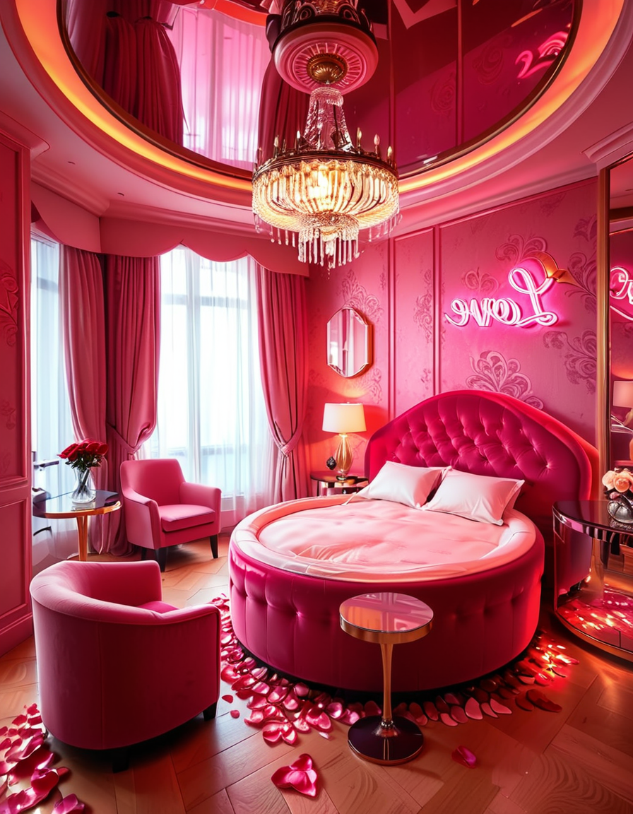 A luxurious, stylish love hotel room,love hotel r00m with a romantic and intimate atmosphere. The room features a large, round king-sized bed with silky red and black sheets, surrounded by soft, ambient lighting. Neon pink and purple LED lights illuminate the walls, creating a sensual glow. A plush velvet sofa sits near the bed, with a glass-topped coffee table holding champagne glasses and a chilled bottle of champagne. The ceiling has a large mirror, reflecting the entire room. On one side, thereâs a floor-to-ceiling window with sheer curtains, showing the night cityscape in the background. A modern jacuzzi tub with rose petals floating on the water is visible in the corner, surrounded by candles. The room has a sleek, modern design with a touch of opulence, including gold accents on the furniture and warm wooden floors. The lighting is dim and moody, emphasizing the romantic ambiance.
<lora:SDXLFaeTastic2400:0.4> <lora:extremely_detailed:0.4> extremely detailed, <lora:love_hotel_r00m:1>, Masterpiece,best quality,hi res,8k,hi res,8k,award winning,(sharp focus, intricate, highly detailed),