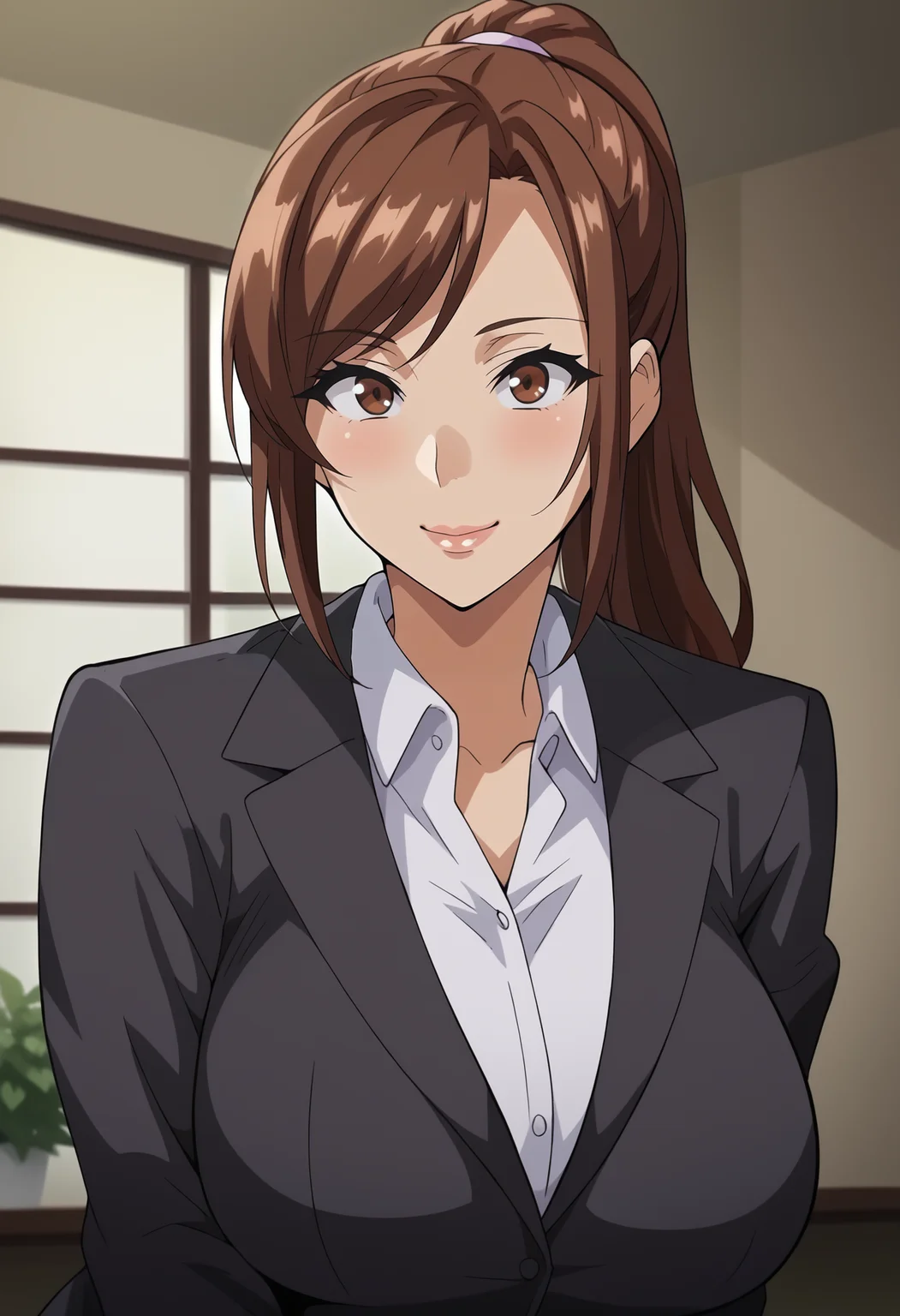 <lora:Hisato_Azuma-Himawari_wa_Yoru_ni_Saku:0.8>,mm,mature female,1girl,solo,brown hair,brown eyes,long hair,ponytail,breasts,formal,suit,upper body,looking at viewer,smile,indoors