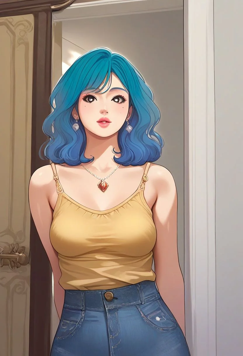 score_9, score_8_up, score_7_up, source_anime, BREAK, masterpiece, high quality, 1girl, (( <lora:da_bo_hye:1> , da_bo_hye, short stature, thin waist, medium hips, beautiful skin, beautiful aquamarine hair, beautiful medium hair, clear eyes, piercing silver eyes, bright pupils, beautiful eyes, small breast, beauty, extraordinary beautiful girl, attractive girl, super sexy girl, )), ((Denim Skirt, Yellow Camisole, breasts out, deep cleavage, bare shoulders, Pendant,)) , perfect hands, upper body, earrings, jewelry, pink nails, nail polish, pink lips, pink eyeshadow, long eyelashes, shiny skin, indoors, doorway, thighs