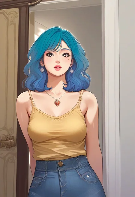 score_9, score_8_up, score_7_up, source_anime, BREAK, masterpiece, high quality, 1girl, (( <lora:da_bo_hye:1> , da_bo_hye, short stature, thin waist, medium hips, beautiful skin, beautiful aquamarine hair, beautiful medium hair, clear eyes, piercing silver eyes, bright pupils, beautiful eyes, small breast, beauty, extraordinary beautiful girl, attractive girl, super sexy girl, )), ((Denim Skirt, Yellow Camisole, breasts out, deep cleavage, bare shoulders, Pendant,)) , perfect hands, upper body, earrings, jewelry, pink nails, nail polish, pink lips, pink eyeshadow, long eyelashes, shiny skin, indoors, doorway, thighs