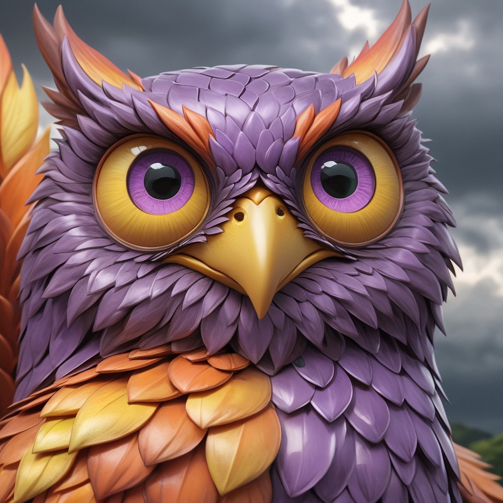 Shiny scaleboundsdxl,Up in the sky, cloudy,TweedleMSM, purple body, cover dark clouds scales, owl, ears, orange tips on head orange tips on butt, light yellow beak, light purple eyes, light green sclera, colored sclera, light yellow talons,solo,female1, ^w^, ( detail realistic), beautiful detail, high-quality, face close up,