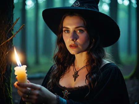 this Technicolor filmstill was shot with a 35mm Arriflex camera and an Angenieux 25-250mm f/3.2 lens. it shows a breathtakingly cute 25-year-old witch immersed in a mystical ambiance at night. She exudes dark power and allure while holding a candle in a medieval forest. The witch captivates with her mesmerizing eyes and irresistible aura, creating a scene brimming with enchantment and mystery.