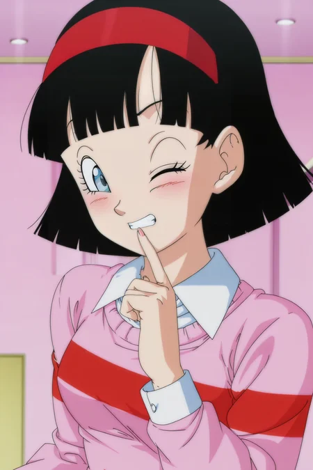 anime screencap, masterpiece, best quality, amazing quality, very aesthetic, absurdres, newest, (scenery, volumetric lighting), official style,
videl, dragon ball super, pink jumper outfit, official style, 1girl, solo, breasts, looking at viewer, blush, short hair, black hair, bob cut, bangs, blue eyes, one eye closed, clenched teeth, red hairband, pink sweater, print sweater, long sleeves, collared shirt, upper body, blurred background, eyelashes, fingernails, raised eyebrows, finger to mouth, pink background, indoors
<lora:Videl_IL_v2:0.8>