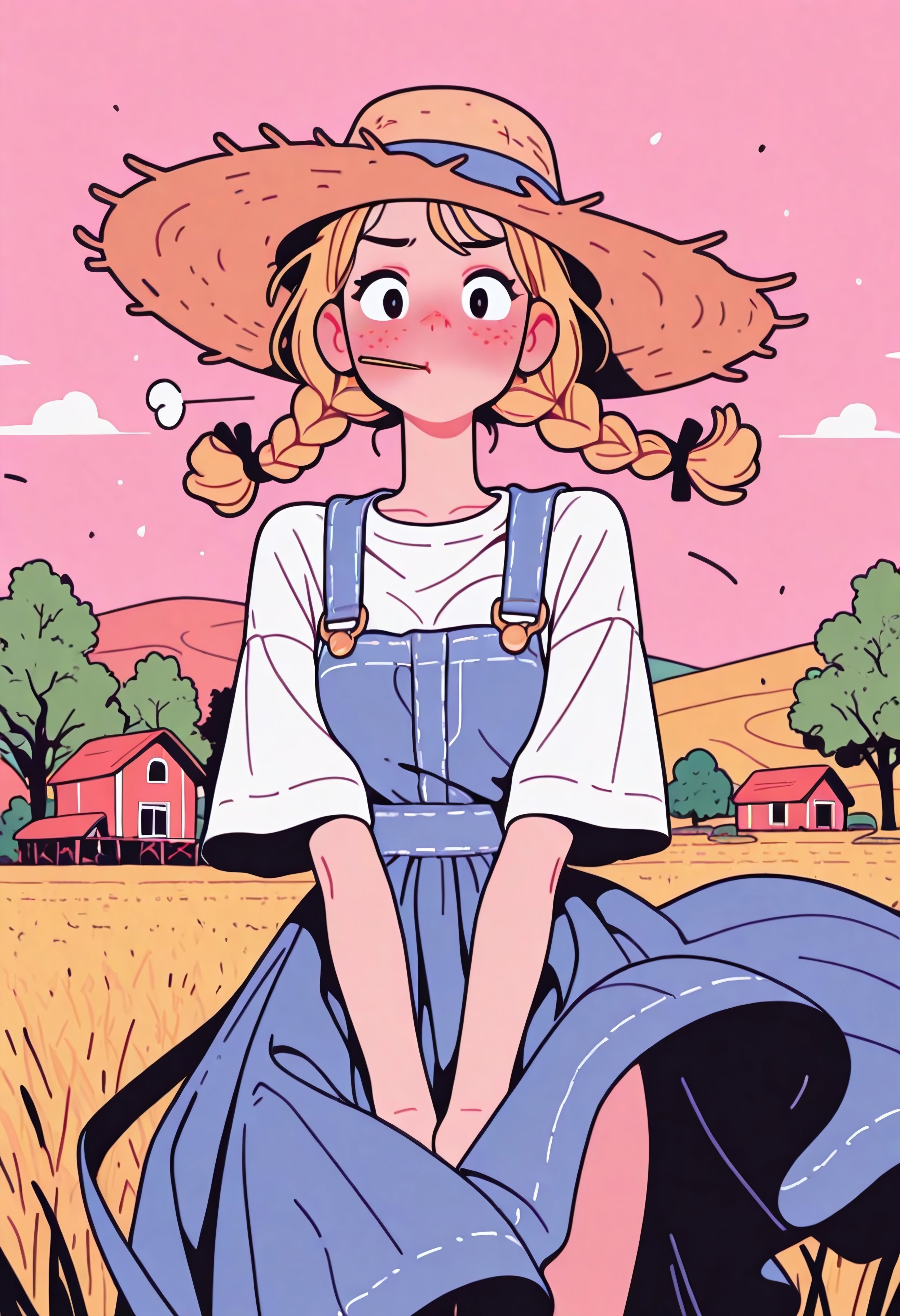 flat_colors, Flatline, Flat vector illustration,
dynamic pose,

1girl, solo,
farm girl, straw hat, straw in mouth,
freckles,
blonde hair, braids, twintail braids,
wind blowing skirt up,
blushing, embarrassed,
hands on skirt, fix skirt,

grain fields,
outside, field, trees,
farm,
incoth, (incase:0.6), artist:moriimee,