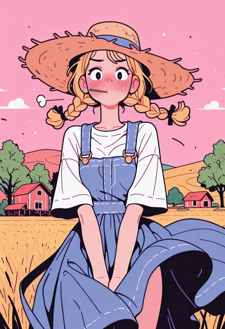 flat_colors, Flatline, Flat vector illustration,
dynamic pose,

1girl, solo,
farm girl, straw hat, straw in mouth,
freckles,
blonde hair, braids, twintail braids,
wind blowing skirt up,
blushing, embarrassed,
hands on skirt, fix skirt,

grain fields,
outside, field, trees,
farm,
incoth, (incase:0.6), artist:moriimee,