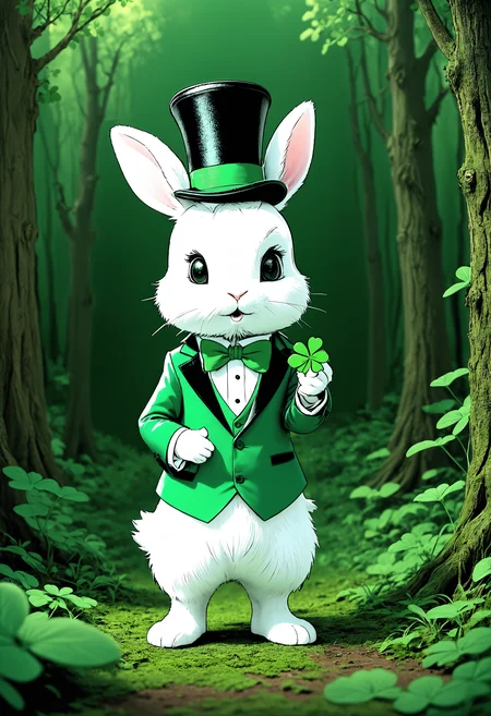 monoprone, 3d cartoon of a cute white rabbit standing in a dense forest, wearing a green tuxedo and top hat, holding a four-leaf clover in hand, Ink Illustration, bold lines, flat design, solid colors, clean lines