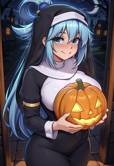 masterpiece,best quality,amazing quality, sc4rl, 1girl, aqua \(konosuba\), halloween, night, nun, jack-o'-lantern,