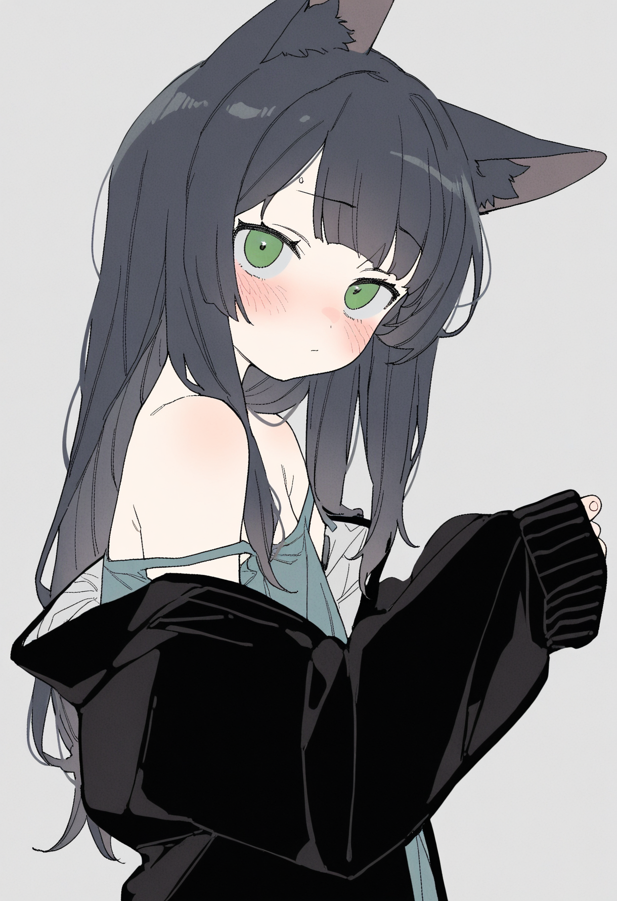 masterpiece,best quality,amazing quality,
1girl, solo, looking at viewer, green eyes, black hair, upper body, jacket, black jacket, off shoulder, bangs, bare shoulders, animal ears, blush, long sleeves, sleeves past wrists, open clothes, from side,
 <lora:Dayama_epoch_8:1>