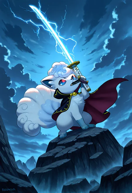 masterpiece, best quality, no humans, zzVulpixA, fluffy, scar over eye, eye scar, sword in mouth, katana, animal pose, standing on rock, windblown fur, focused expression, dynamic lighting, dramatic clouds, cinematic composition, solo, fantasy setting, windswept cape, glowing sword, detailed fur, sharp gaze, (roronoa zoro:1.3), dynamic pose, sword slash, Against the backdrop of a stormy sky, zzVulpixAstands tall atop a jagged rock, her six fiery tails flaring behind her in the wind. A gleaming katana clenched tightly between her jaws, she narrows her red eyes, the deep scar slashed over one eye giving her a battle-worn presence. Her fur ripples as lightning crackles in the distance, casting sharp highlights across her orange pelt. A ragged black cape whips around her shoulders, and the glowing blade reflects the stormâs fury. With a gaze full of resolve and wild pride, she looks ready to face any foe that dares challenge her. ,<lora:VulpixAlolanPokedex_IXL_v1:1.0>,