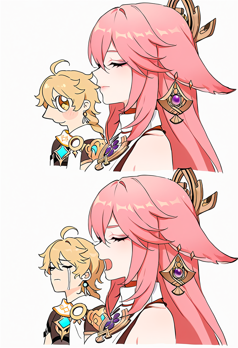 masterpiece, best quality, absurdres, good boy, 1boy, 1girl yae miko, aether (genshin impact), open mouth, simple background, white background, closed mouth, closed eyes, braid, comic, ahoge, ..,<lora:good_boy_meme:1>