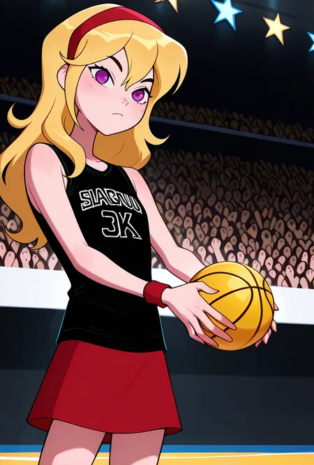 ((cartoon, screencap, )) <lora:lucysmall:1> lucysmall, solo, long hair, blonde hair, red hairband, black shirt, sleeveless, flat chest, star (symbol), purple eyes , tank top, wristband, miniskirt, red skirt, looking at viewer ,playing basket ball, slam dunk, crowd, nba, lebron james in background,, masterpiece, best quality, amazing quality, very aesthetic, absurdres, newest,
