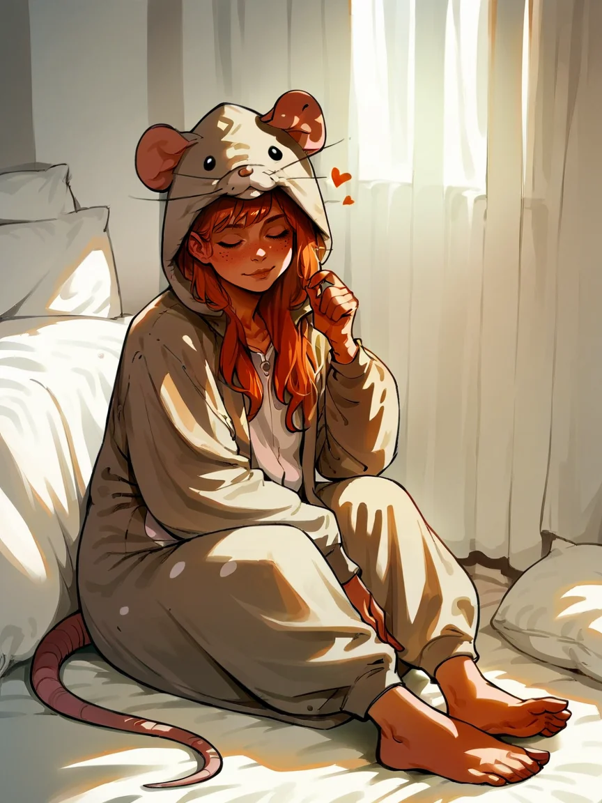 score_9, score_8_up, score_7_up, score_6_up, score_5_up, <lora:ratonsieXLP3:1> rat onsie, barefoot, animal costume, tail, 1girl, ginger hair, sitting, heart, bedroom <lora:dappledlightXLP:1> dappled light, dappled sunlight