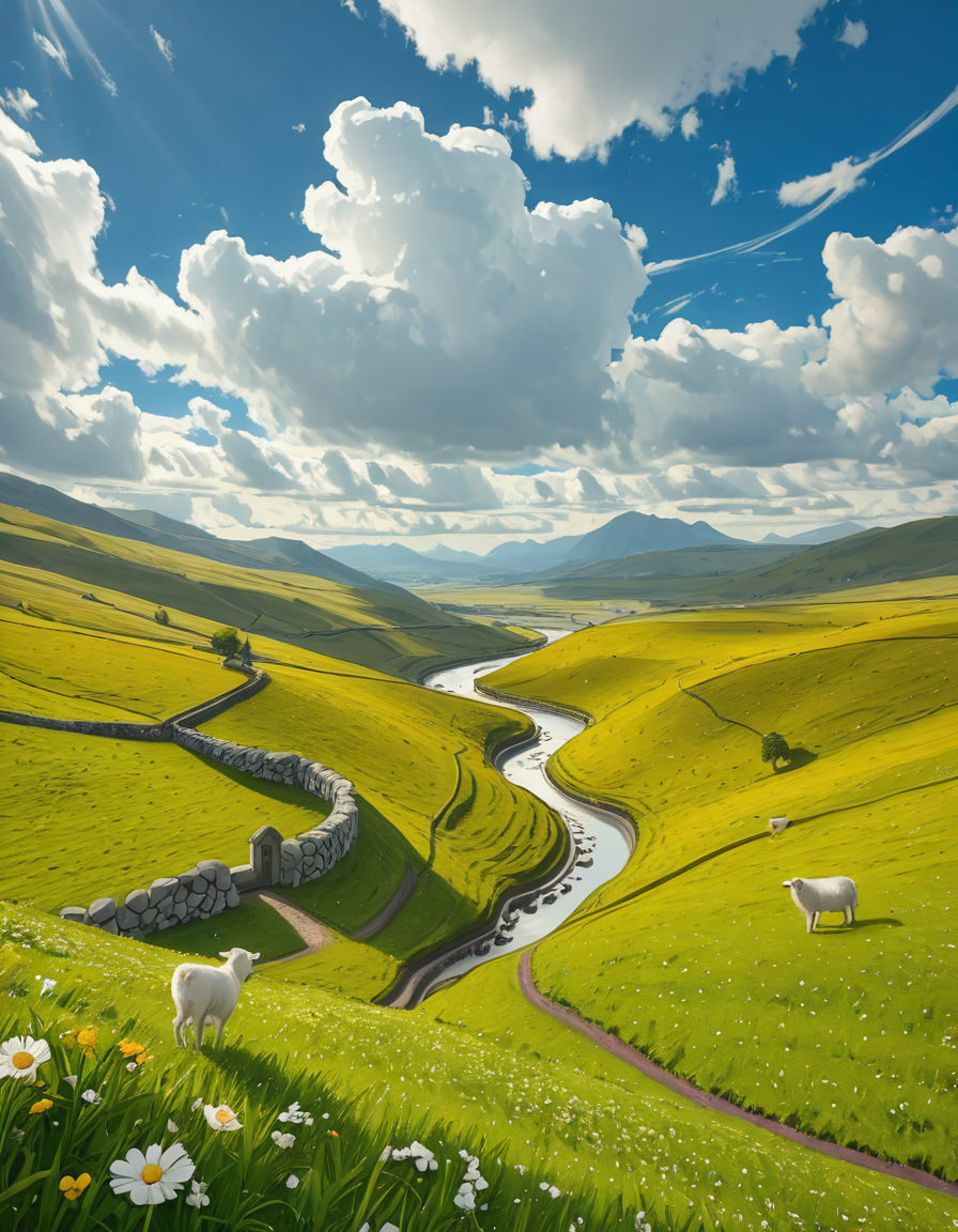 A breathtaking, high-resolution photograph of the rolling plains of Ireland, stretching endlessly under a vast, cloud-streaked sky. The landscape is a lush, vibrant green, with gentle hills covered in soft grass and dotted with scattered wildflowers. Ancient stone walls and winding dirt paths cut through the fields, marking old farmland boundaries. In the distance, a few solitary sheep graze peacefully, their white wool contrasting against the emerald grass. A small, clear river meanders through the valley, reflecting the soft light of the sky. The horizon is framed by low, misty mountains, adding depth and mystery to the scene. Above, the sky is a mix of bright blue and fluffy white clouds, casting dynamic shadows across the landscape as beams of sunlight break through. The atmosphere is serene, timeless, and rich with the natural beauty of the Irish countryside.
<lora:SDXLFaeTastic2400:0.4> <lora:extremely_detailed:0.4> extremely detailed,rolling plains of 1r3l4nd, <lora:rolling_plains_of_1r3l4nd-i:1>, Masterpiece,best quality,hi res,8k,hi res,8k,award winning,(sharp focus, intricate, highly detailed),