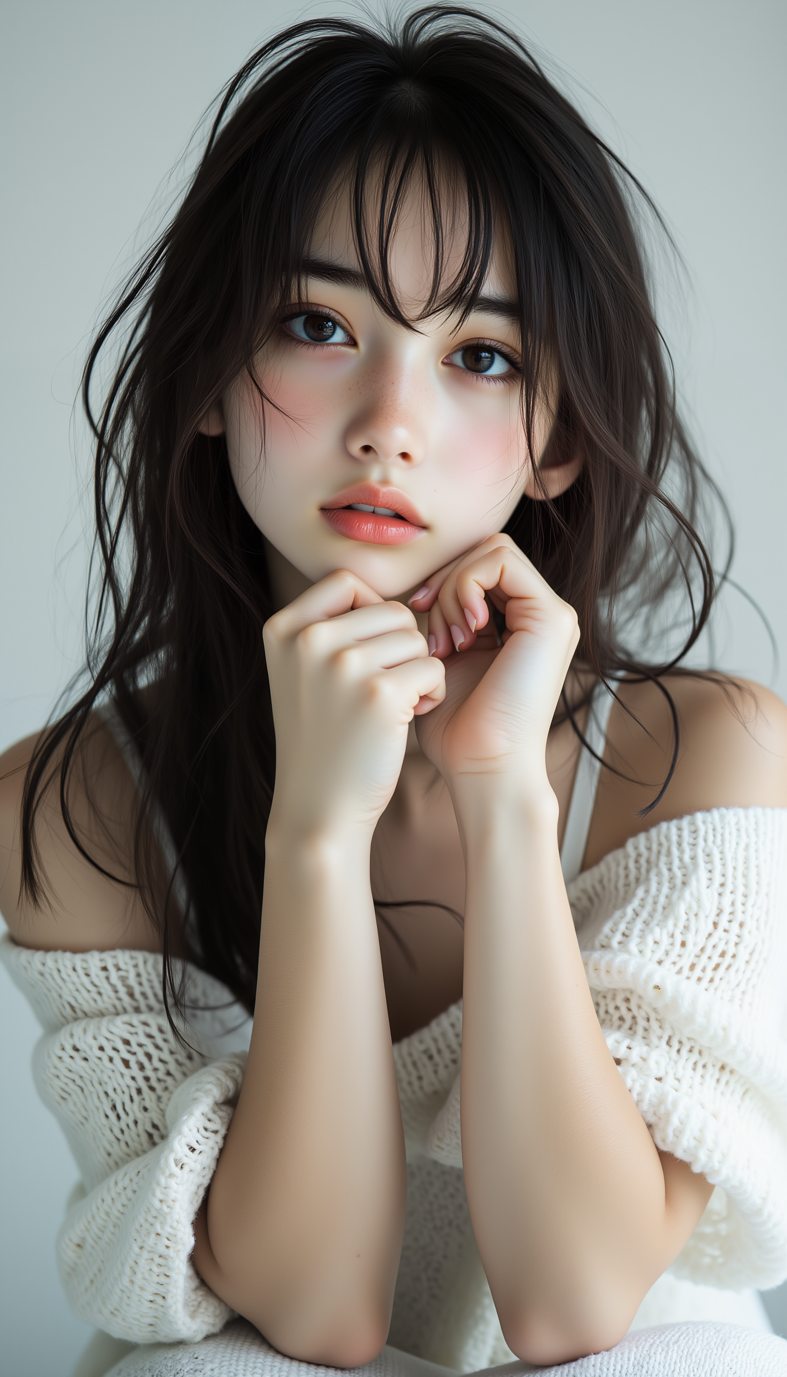 midjourney_whisper_innocent_eyes, beautiful teenage Japanese girl, expressive innocent eyes, undeniable inner strength, perfectly proportioned face, model-like features, natural beauty, minimal makeup, youthful charm, simple background, captivating gaze, understated stylish outfit, elegance and poise, <lora:midjourney_whisper_innocent_eyes_v01:1>,