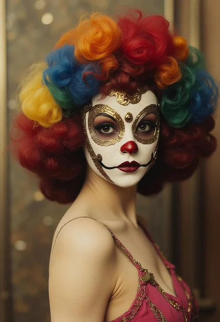 ArsMovieStill, 20s Silent Movie Still of a female clown wearing a highrise_mask made of thick gold, a colorful afro, the only thing with color in the image, and a clown outfit.