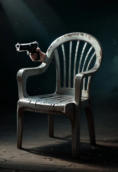 score_9, score_8_up, score_7, photograph, artistic photorealism, detailed, bokeh, perfect balanced, deep fine borders, smooth, arstation, dof, Expressiveh, BREAK, score_9, score_8_up, score_7_up, plastic chair, disembodied hand, hand gun