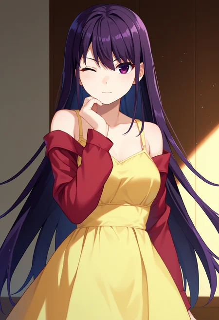 score_9, score_8_up, score_7_up, source_anime,
BREAK
1girl, solo,
<lora:shiYumikoV1:1>, shiyuvisual, visual_style, long hair, purple eyes, black hair, purple hair,
dress, red shirt, bra strap, yellow dress,
looking at viewer, seiza, one eye closed, smil