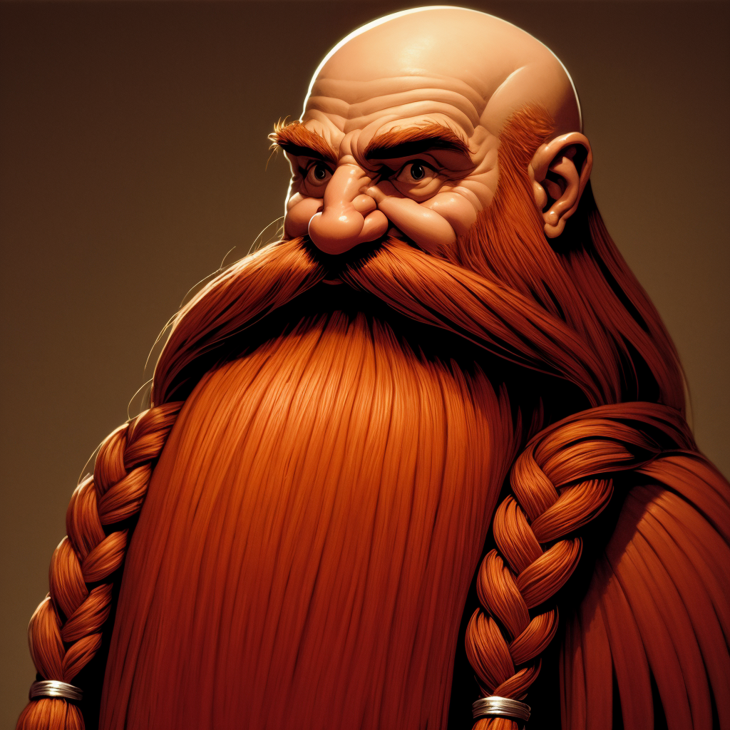 illustrated cartoon, painting, ultra detailed, masterpiece,  Harry_Dwarf,  dwarf-like, flowing long red beard, braided moustache,bald, silver bangles,  <lora:Harry_Dwarf_SD1.5:0.8>